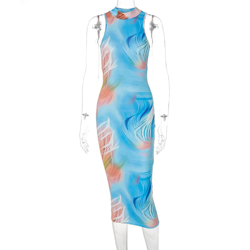 Hugcitar Tie Dye O Neck Sleeveless Backless Sexy Bodycon Slit Midi Dress Summer Women Fashion Clothes Y2K Streetwear Party