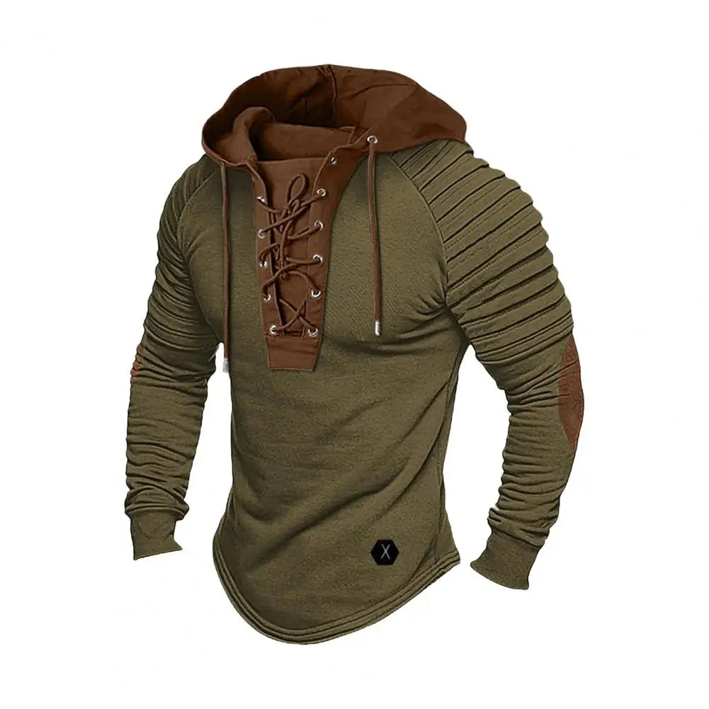 Men Spring Fall Hoodie Pleated Shoulder Colorblock Drawstring Hooded Top Long Sleeve Pullover Lace-up Retro Men Daily Hoodie