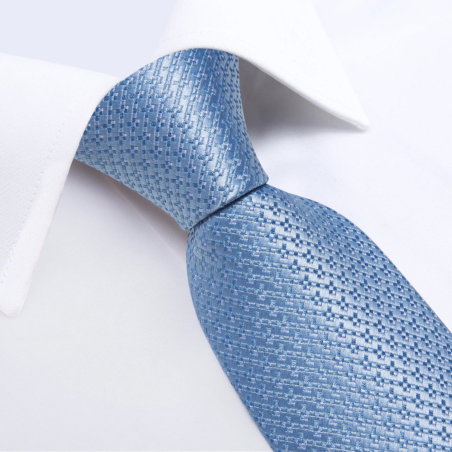 New Light Blue Solid Plaid Silk Ties for Men Luxury Wedding Party Necktie Men's Suits Accessories Pocket Square Cufflinks