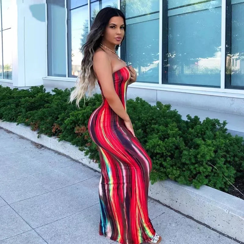 2025 Summer Women's Print Slim Sexy Strapless Long Vintage Dress  Robe Vestido Streetwear Evening Dresses