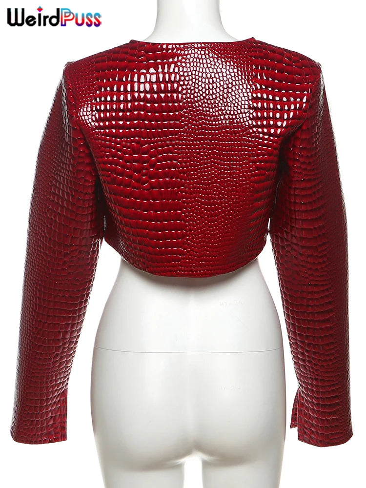 Weird Puss Faux Leather Jacket Women Hipster Snake Print Fall Trend O-Neck Full Sleeve Street Wild Basic Outwear Crop Overcoat