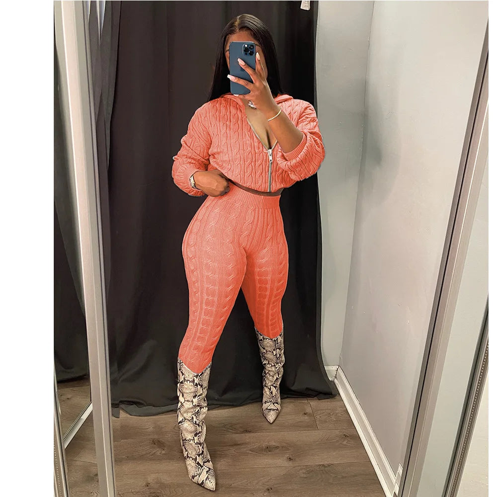 Knit Two Piece Sets Women Hooded Cardigan Pants Suits Spring Autumn Winter Clothing Sportswear Joggers Tracksuit Matching Sets