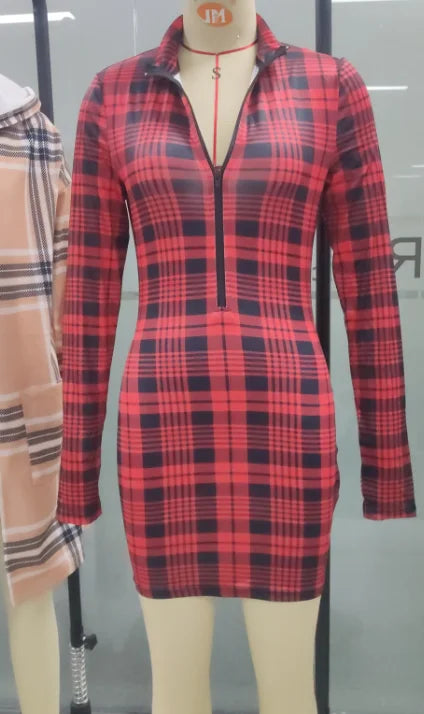 Dresses For Women Summer Sexy Night Out Long Sleeve Mock Neck Plaid Print Zip Front Thumb Hole Bodycon Mini Dress