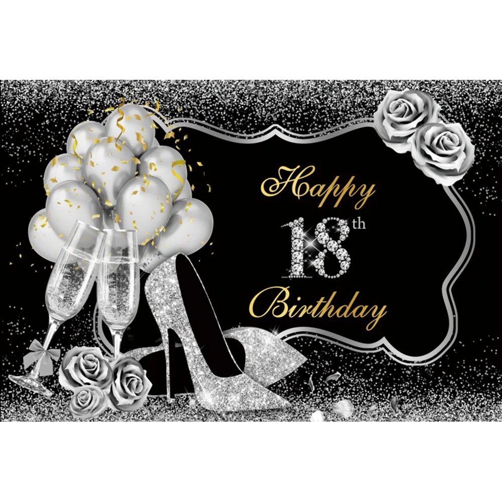 18th Birthday Photography Background Black Golden Glitter Balloons Boys Girls 18 Years Old Birthday Party Decoration Backdrops