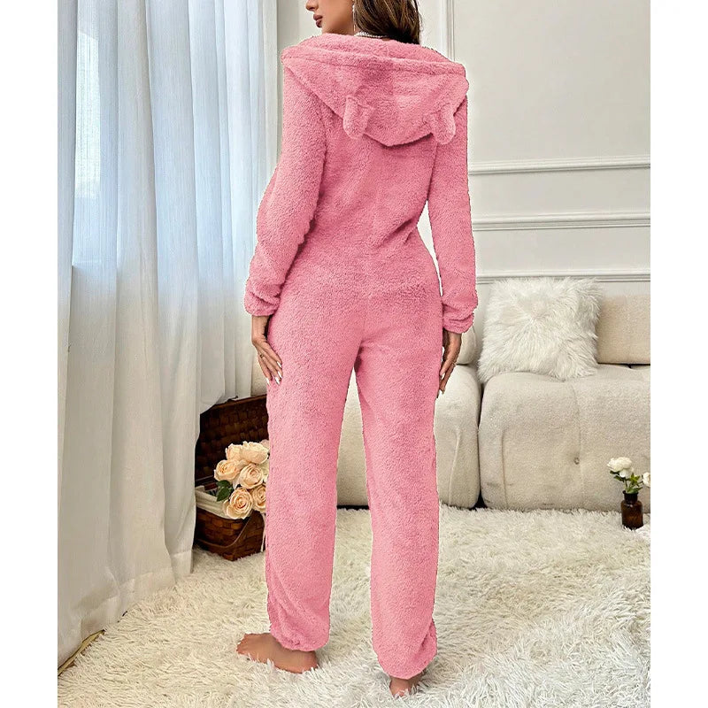Warm Fleece Pajamas Jumpsuit Lady Autumn Winter Homewear Hooded Nightwear Coral Fleece Onesie Long Sleeve Loungewear Sleepwear
