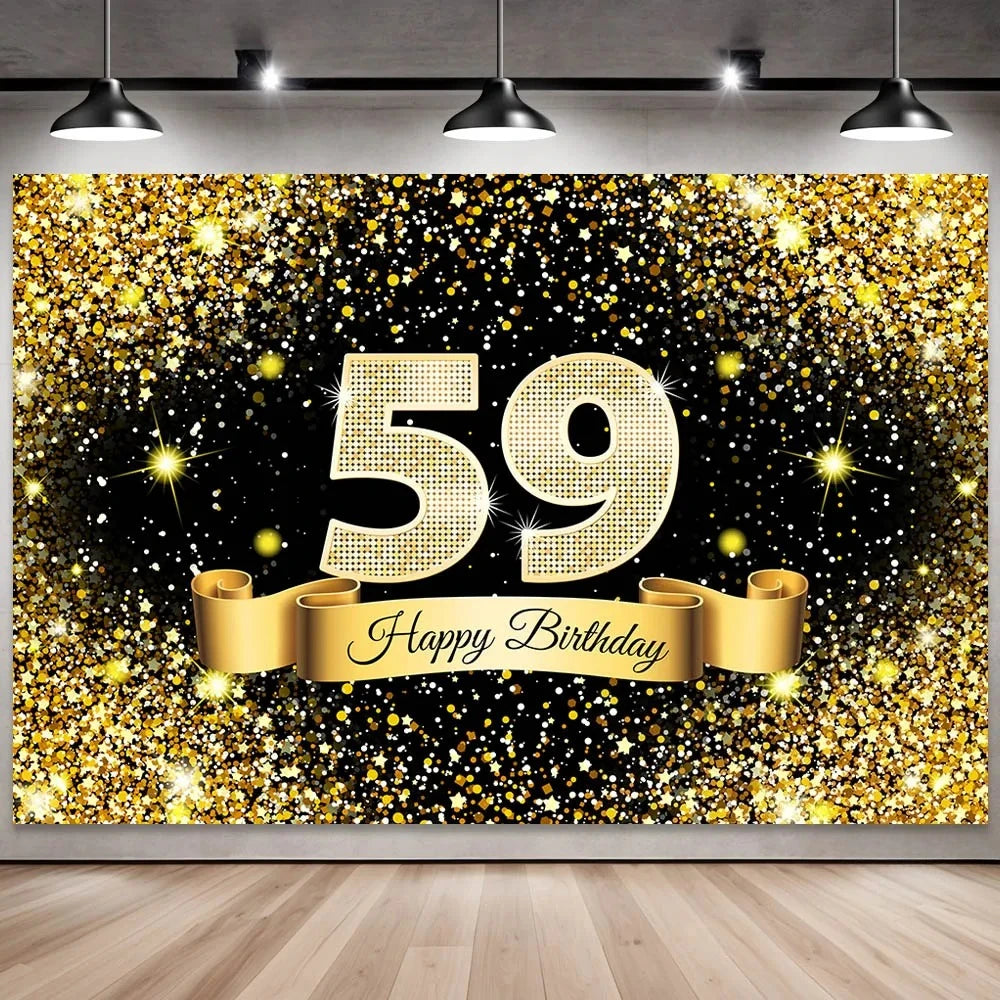 Golden black birthday party background, 18-40-50-60-year-old photography background, photo booth logo, poster background banner