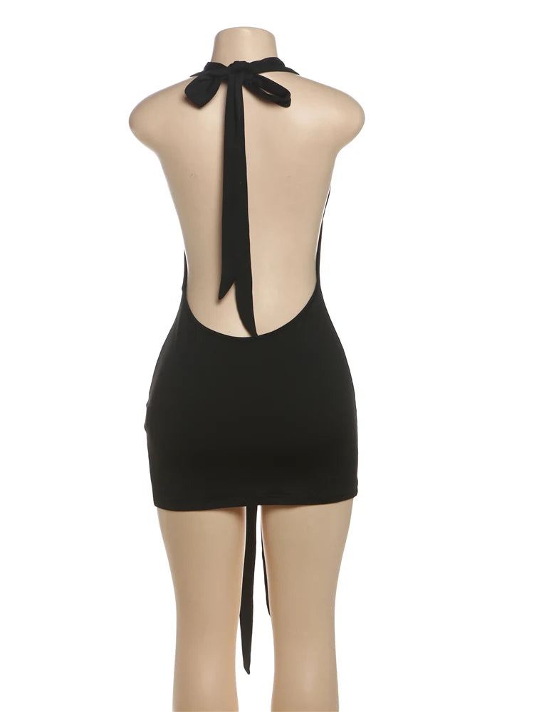 Weird Puss Sexy Halter Dress Women Backless Deep V-Neck Tight Bandage Summer Midnight Hottie Sexy Clubwear Trend Hipster Bodycon