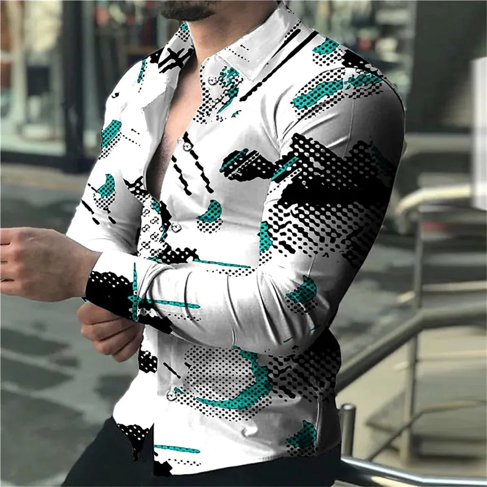 New Men's High Quality Luxury Prom Fashion Social 3D Line Graph Print Polo Button Fashion Designer Long Sleeve Men's Shirt