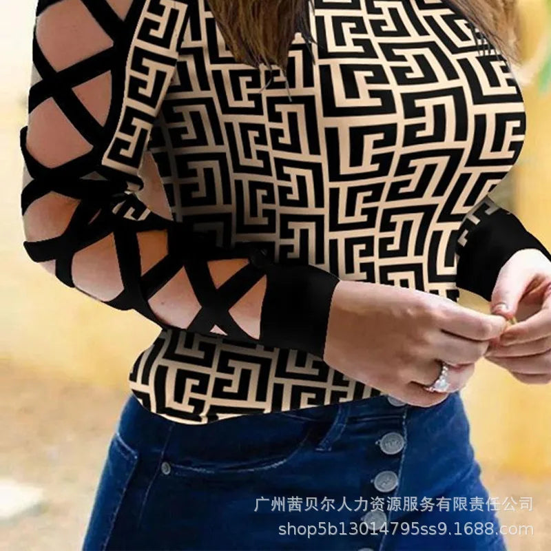 Women Print Splice T Shirt Round Neck Full Sleeve Crisscross Tops Pullovers Casual Shirts Regular Elegant Lady Autumn Winter