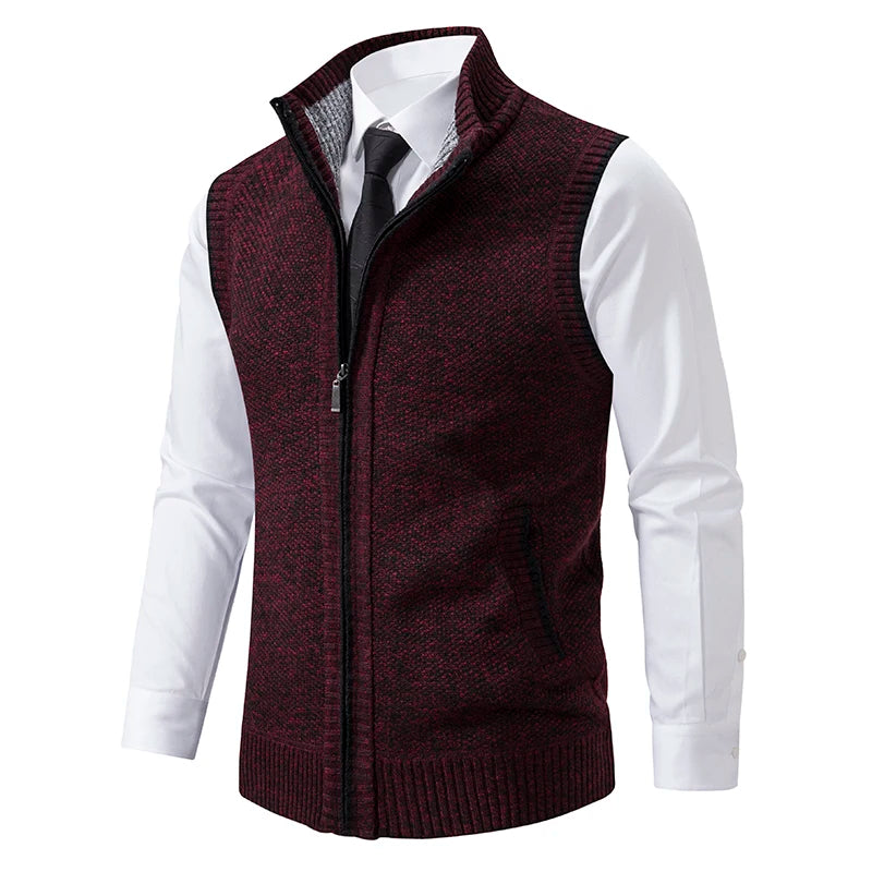 Vest Men's Knitted Sleeveless Sweater Wool Velvet Zipper Cardigan Turn-down Pullovers Turtleneck Sweatercoat Knit Waistcoat