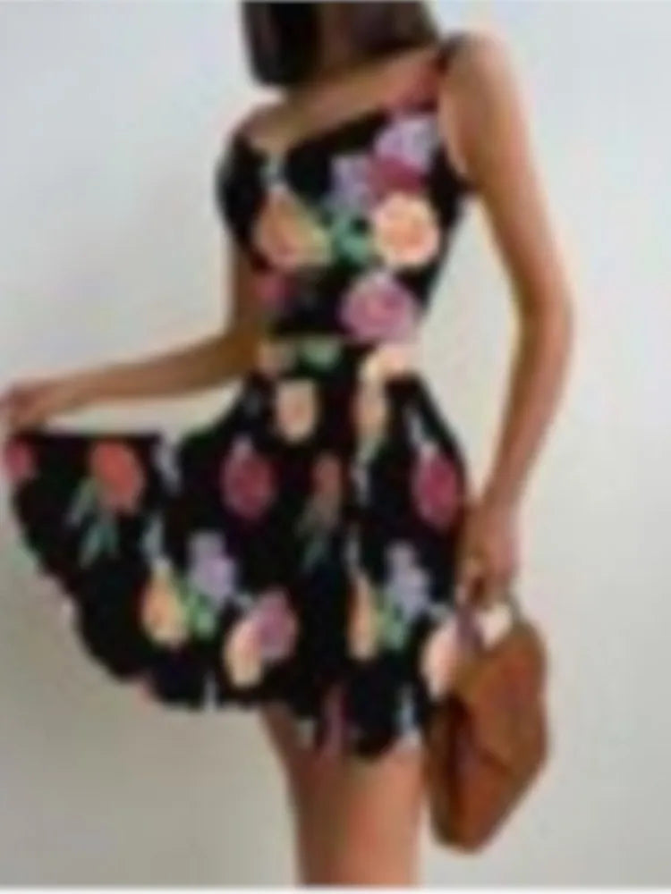 Sexy Printed Halter Pleated Short Skirt 2 Piece Set