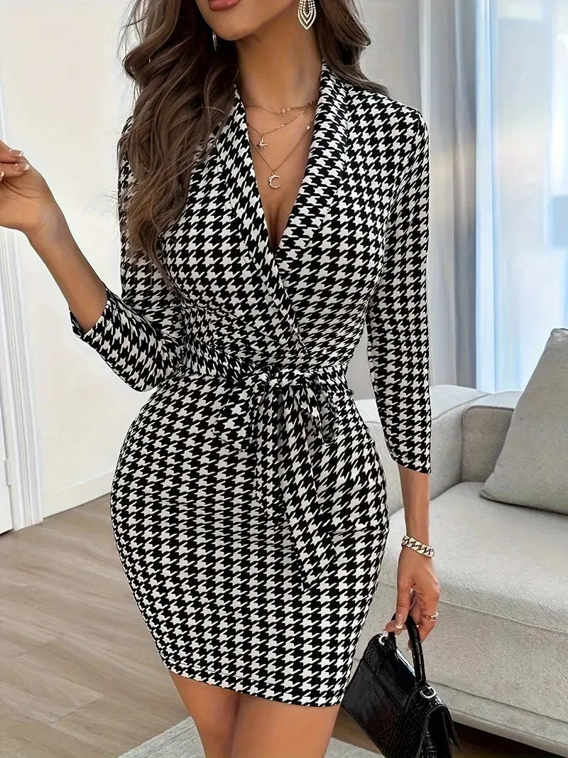 Spring And Summer V-neck Plaid Long-sleeved Lapel Sexy Mini Dress With Belt For Women Party Hip-hugging Dress