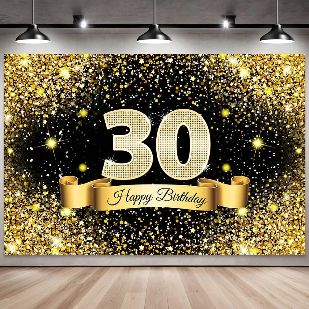 Golden black birthday party background, 18-40-50-60-year-old photography background, photo booth logo, poster background banner