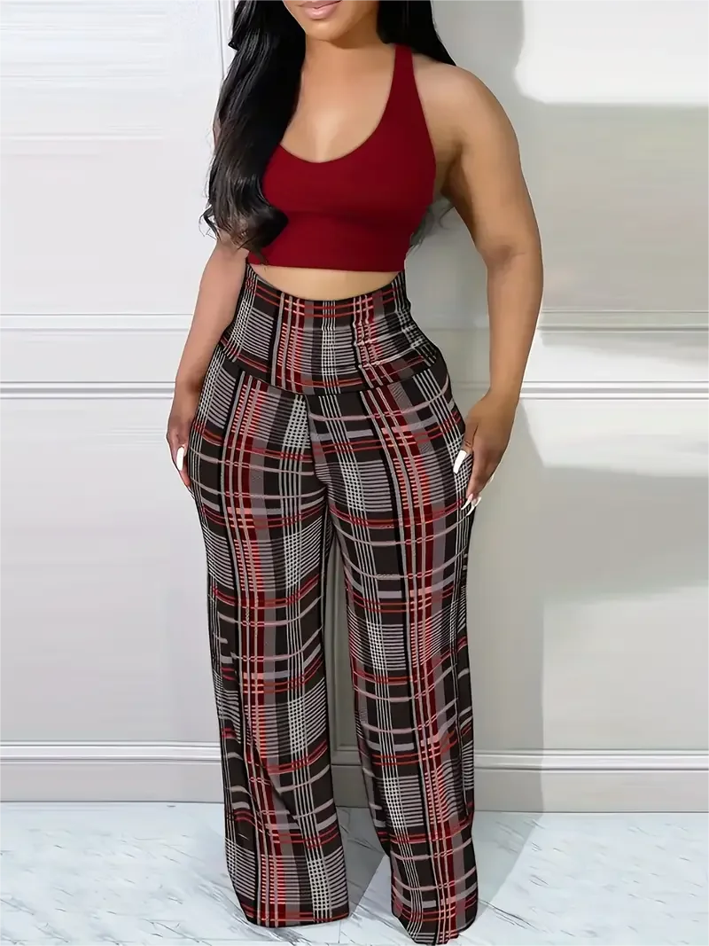 Women's Plaid Wide Leg Pants  High Waist Casual Loose Trousers for Spring   Summer