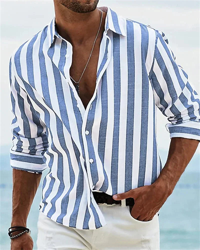 New men's long-sleeved blue striped printed shirt men's social high-end men's Hawaiian style elegant classic fashion tops