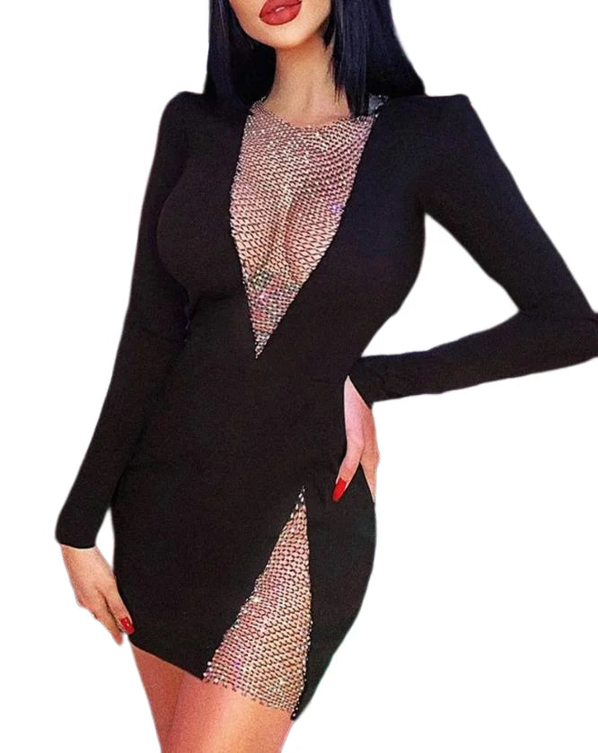 Long Sleeve Fishnet Patch Bodycon Dress for Women Novelty Woman Dress Women's Elegant Dresses