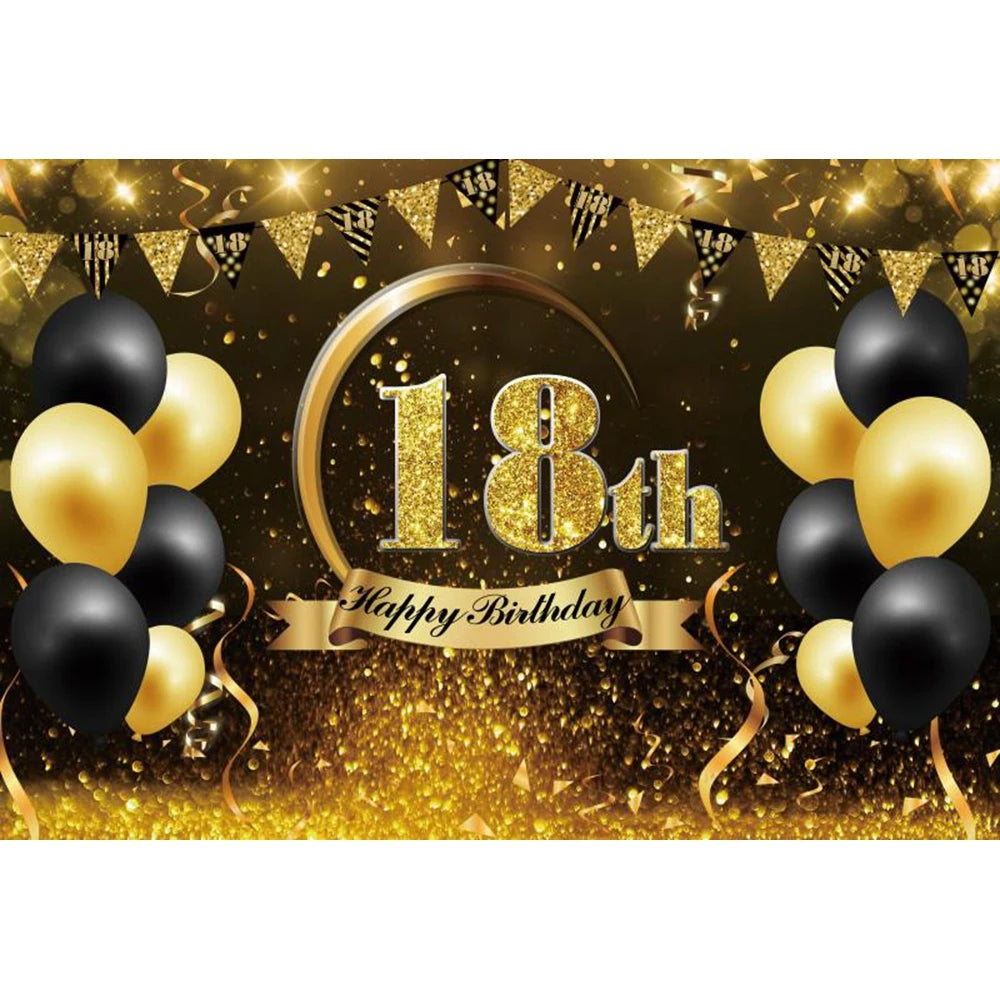 18th Birthday Photography Background Black Golden Glitter Balloons Boys Girls 18 Years Old Birthday Party Decoration Backdrops