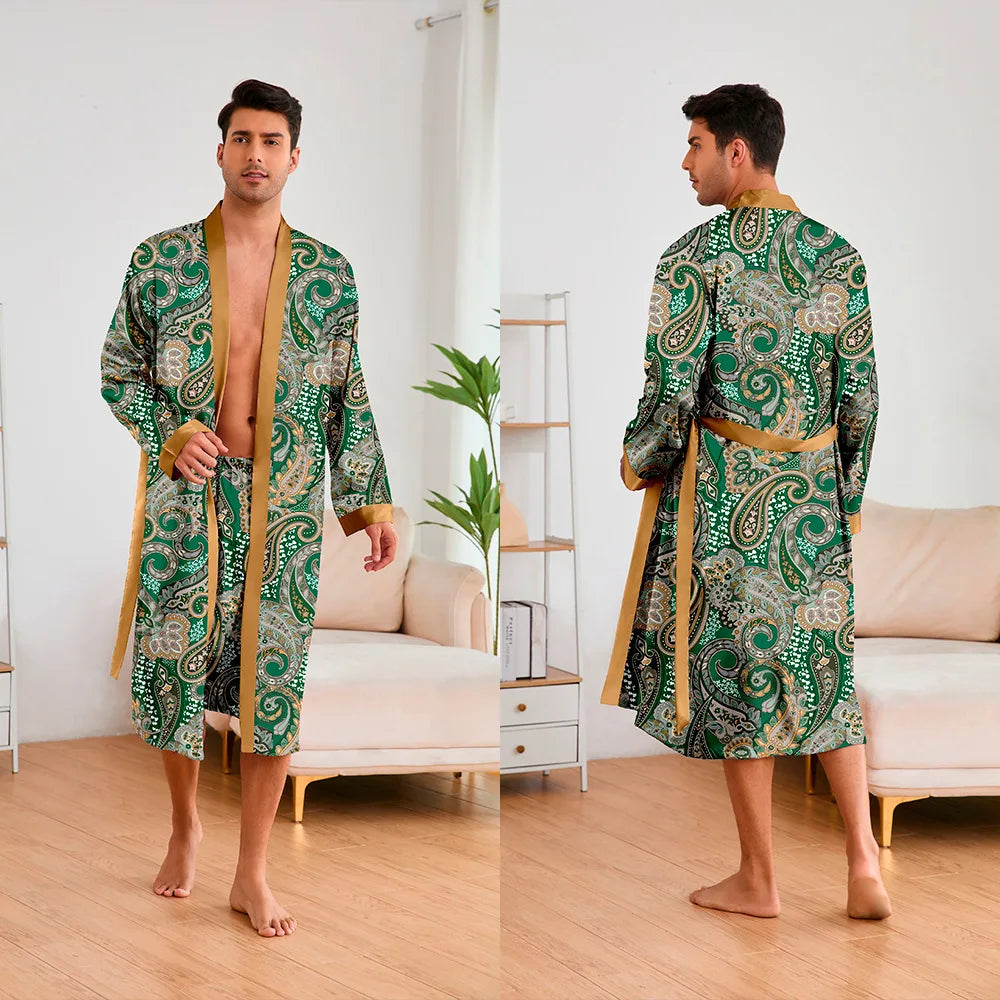 Men 2 Pieces Sleepwear Leopard Bathrobe Set Satin Kimono Peignoir Homme Long Mens Sexy Sleepwear Loungewear Home Dressing Gown