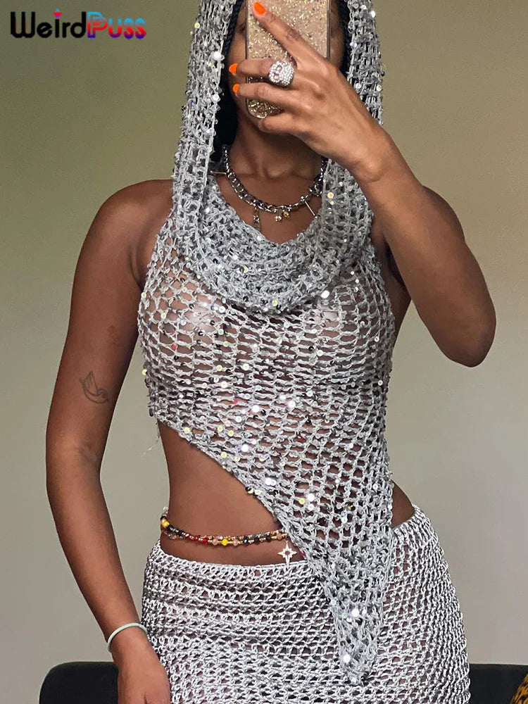 Weird Puss Sequins Women 2piece Set Sexy See Through Irregular Backless Hooded Tank Tops+Peach Hip Skirts Midnight Clubwear Suit