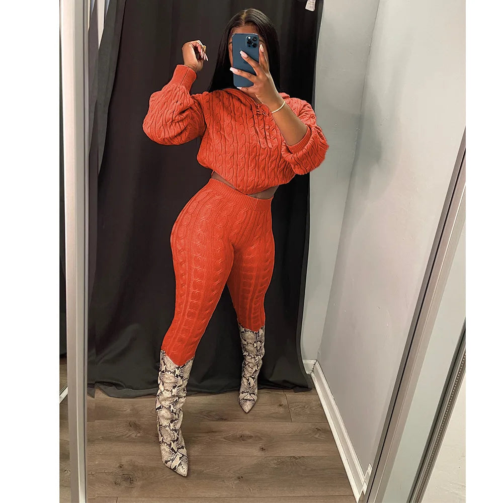 Knit 2 Piece Sets Women Hooded Tops Pants Set Spring Autumn Winter Clothing Sportswear Joggers Knitted Tracksuit Matching Sets