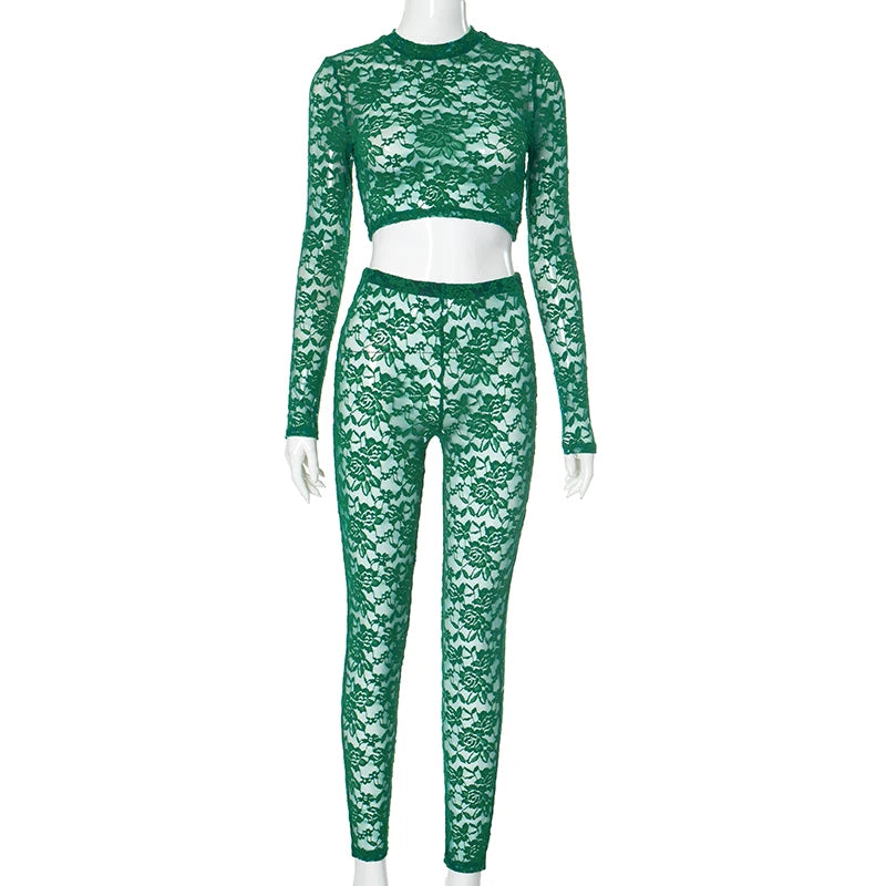 CUTENOVA Sexy Lace See Through Fashion Long-Sleeve Crop Top+Pencil Pants Cut Out See-Through Woman'S Set New Fashion