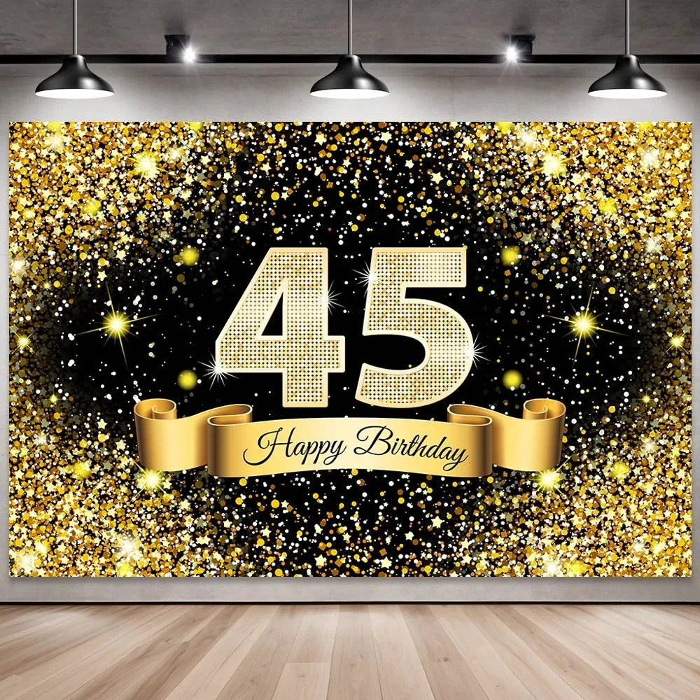 Golden black birthday party background, 18-40-50-60-year-old photography background, photo booth logo, poster background banner