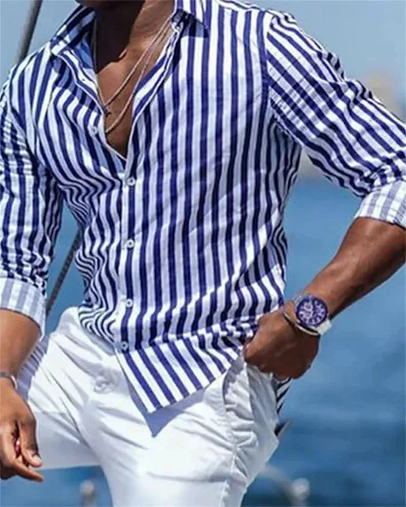 New men's long-sleeved blue striped printed shirt men's social high-end men's Hawaiian style elegant classic fashion tops