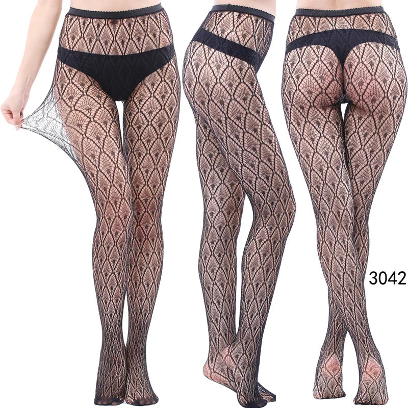 Women Sexy Fishnet Tights Jacquard Weave Seamless Pantyhose Yarns Garter Grid Fish Net Stockings Black Spider Gothic Lace Tights