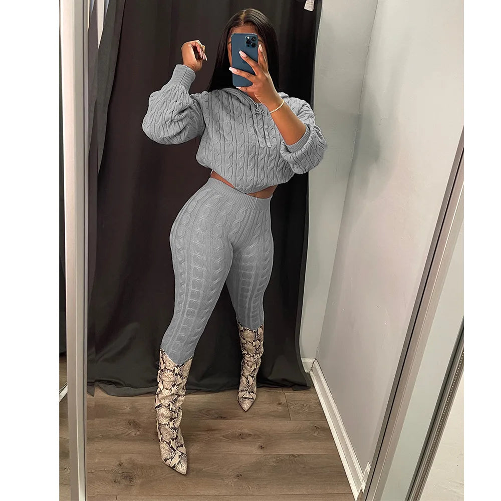 Knit 2 Piece Sets Women Hooded Tops Pants Set Spring Autumn Winter Clothing Sportswear Joggers Knitted Tracksuit Matching Sets