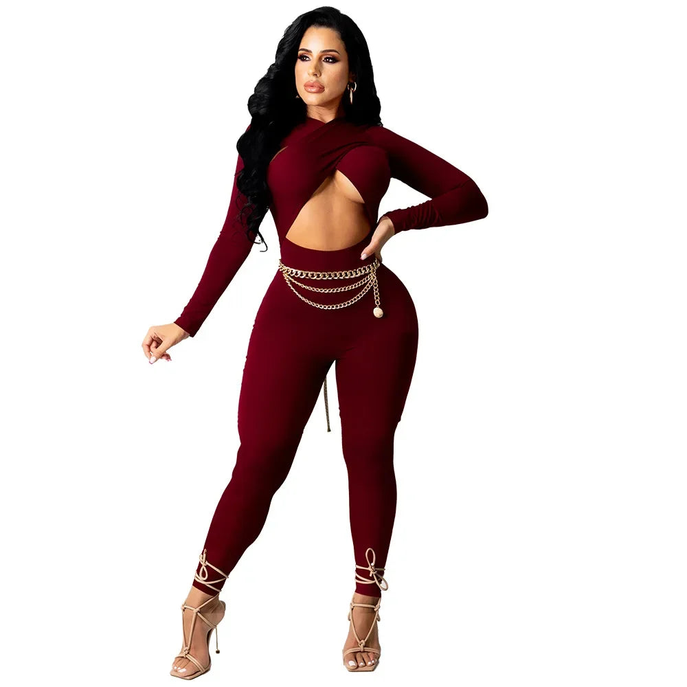 Sexy Hollow Out Bodycon Rompers Womens Jumpsuit Long Sleeve Bandage Overalls for Women Party Club Birthday One Piece Outfits