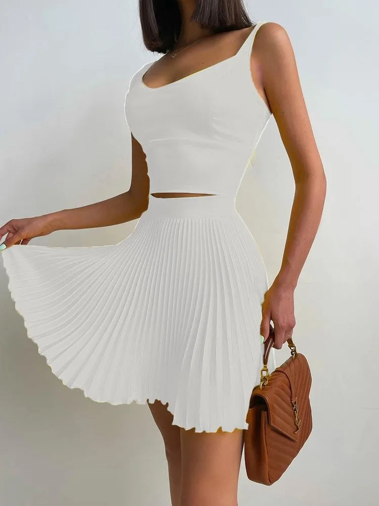 Sexy Printed Halter Pleated Short Skirt 2 Piece Set