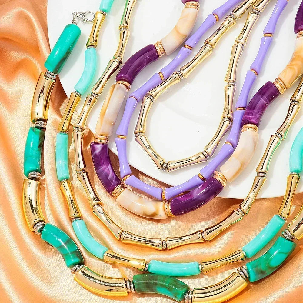 3 pieces/set Bohemian Acrylic Bamboo Beads Choker Necklace Set for Women Chunky Tube Necklaces 2024 Accessories Jewelry Femstylo