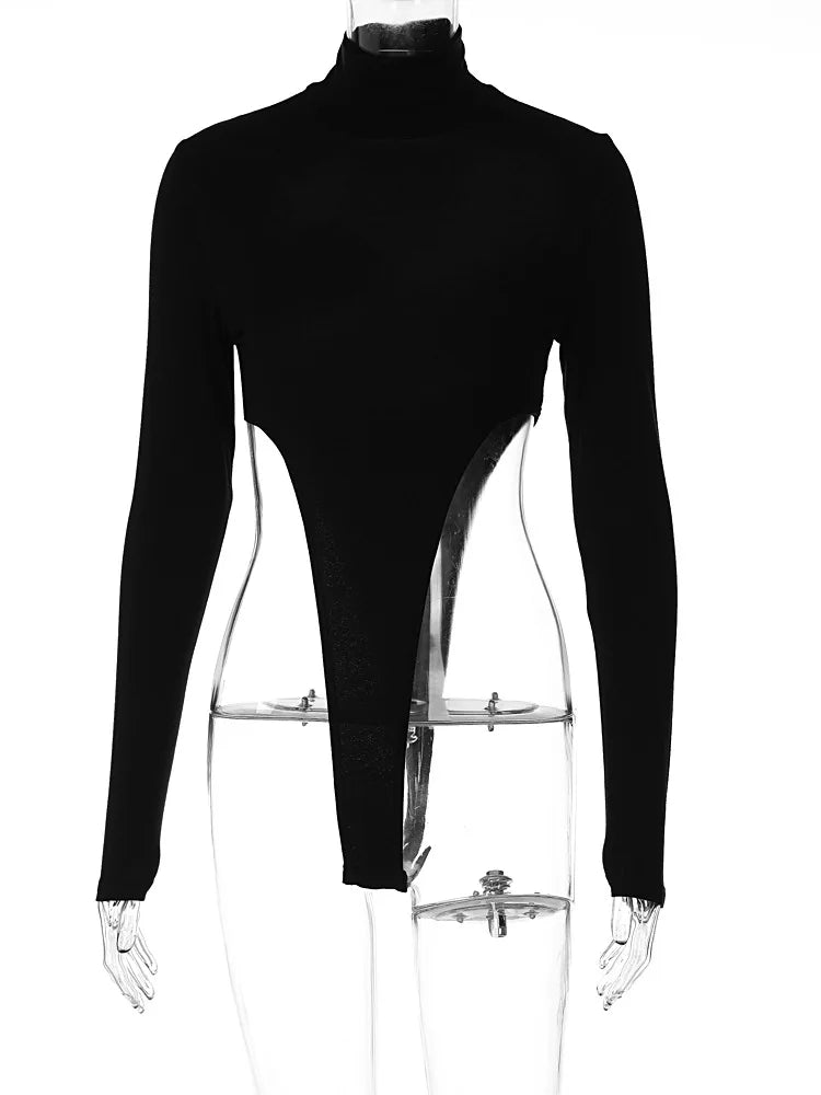 Sexy Black Long Sleeve Turtleneck Bodysuit Women Bodies High Leg Cut Out Hot Thong Women's Bodysuits