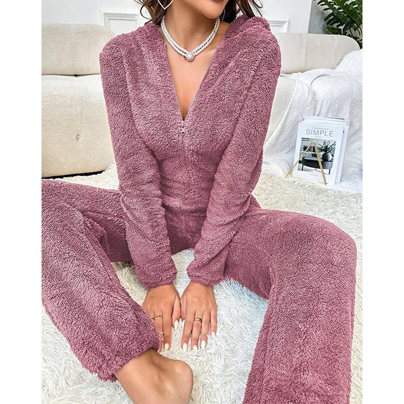Warm Fleece Pajamas Jumpsuit Lady Autumn Winter Homewear Hooded Nightwear Coral Fleece Onesie Long Sleeve Loungewear Sleepwear