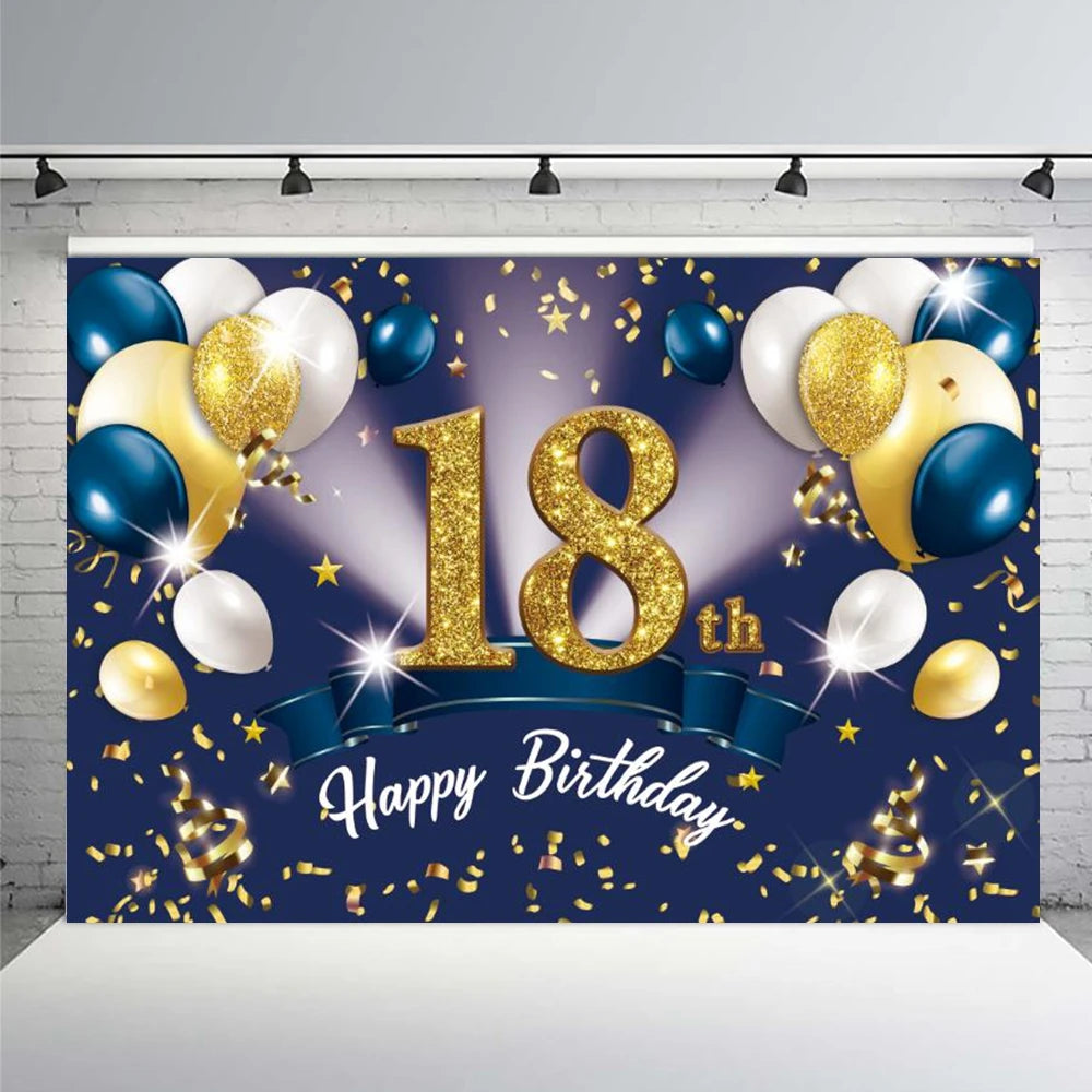 18th Birthday Photography Background Black Golden Glitter Balloons Boys Girls 18 Years Old Birthday Party Decoration Backdrops