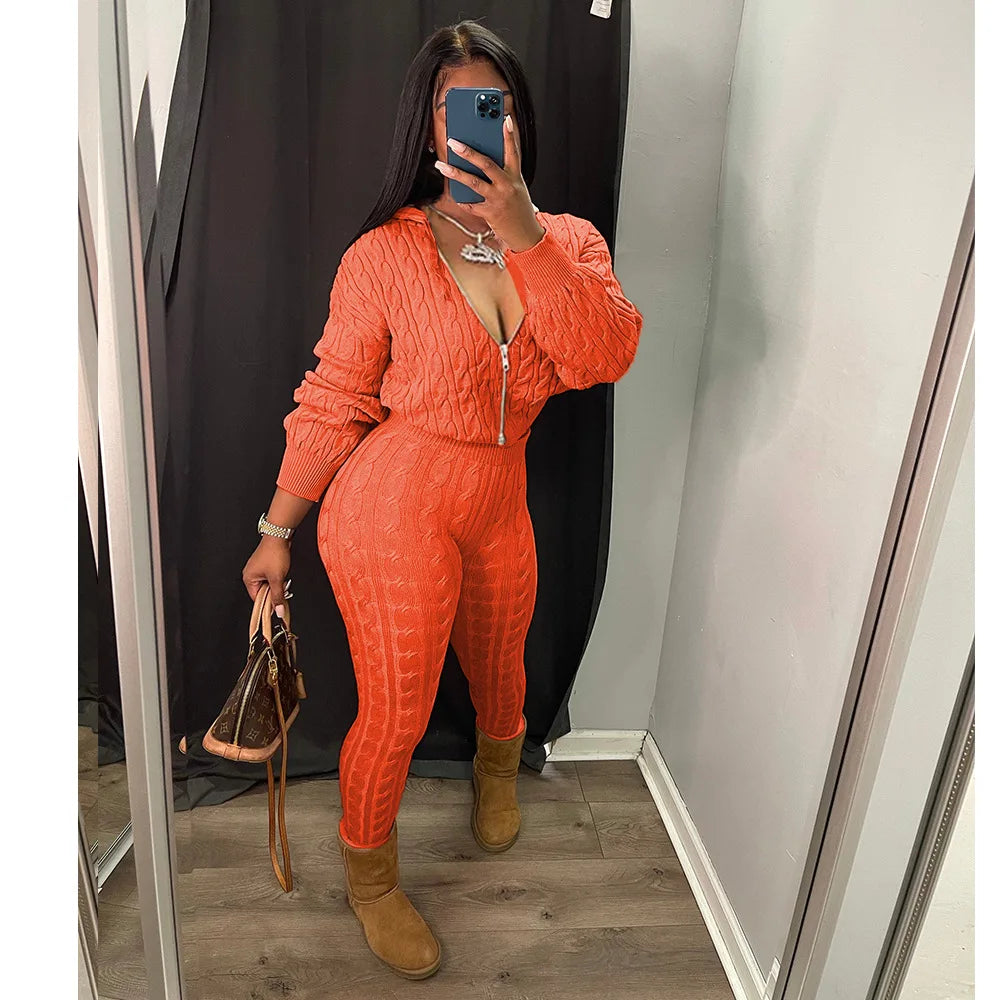 Knit Two Piece Sets Women Hooded Cardigan Pants Suits Spring Autumn Winter Clothing Sportswear Joggers Tracksuit Matching Sets