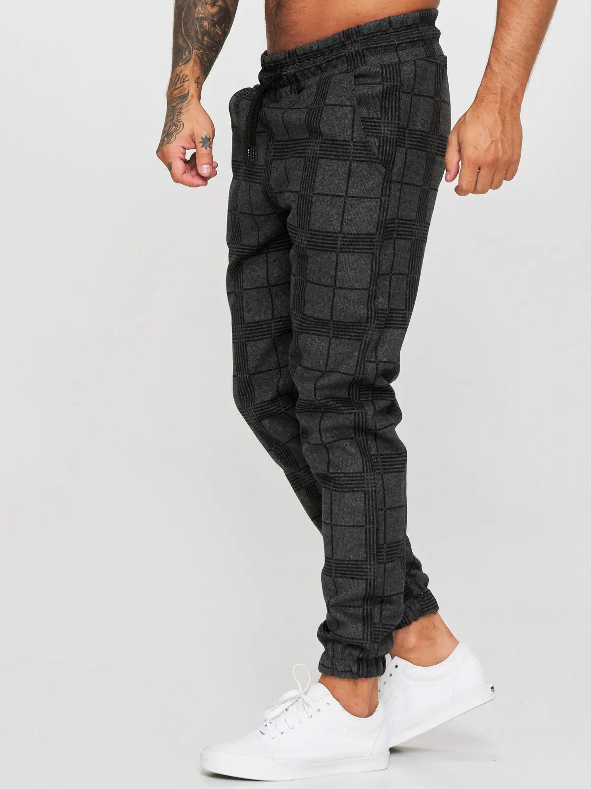 New Fashion Men Pants Mid Waist Slims Fit Male Sweatpants Plaid Checkered Side Stripe Trousers Summer Work Casual Pants