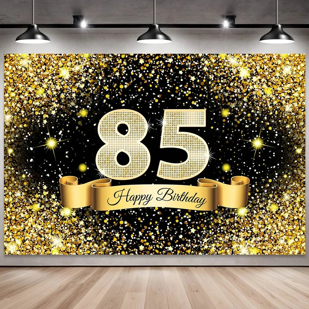 Golden black birthday party background, 18-40-50-60-year-old photography background, photo booth logo, poster background banner