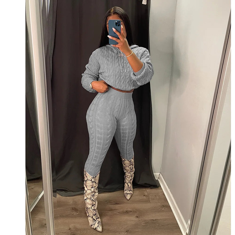 Knit 2 Piece Sets Women Hooded Tops Pants Set Spring Autumn Winter Clothing Sportswear Joggers Knitted Tracksuit Matching Sets