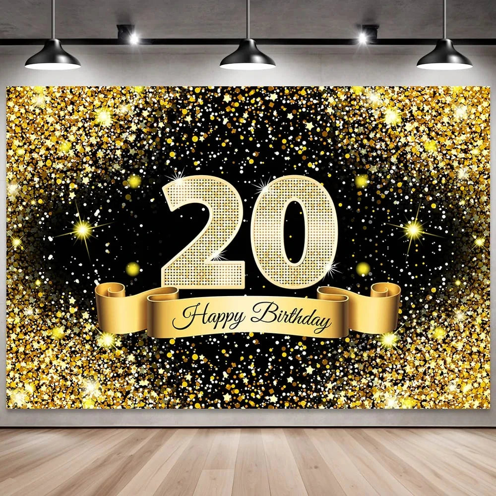 Golden black birthday party background, 18-40-50-60-year-old photography background, photo booth logo, poster background banner