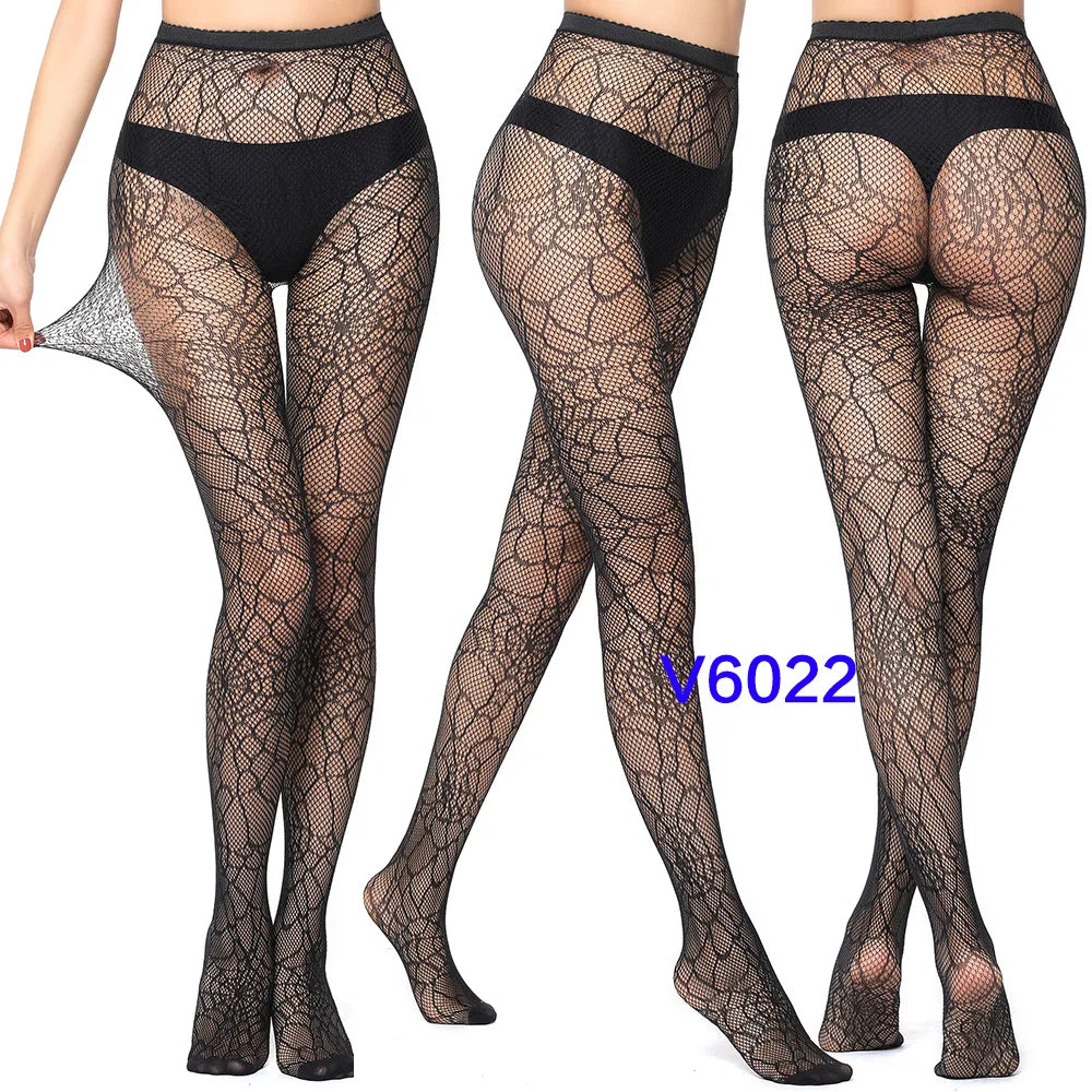 Women Sexy Fishnet Tights Jacquard Weave Seamless Pantyhose Yarns Garter Grid Fish Net Stockings Black Spider Gothic Lace Tights