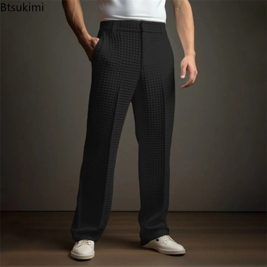 New 2025 Men's Elegant Waffle Suit Pants Solid Loose Straight Trousers Business Social Dress Pants Casual Vacation Pants for Men