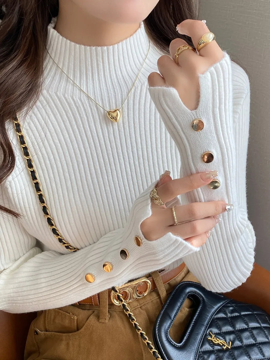 Autumn Winter Sweater Women  Pullovers Long Sleeve Tops Clothes Slim Knit Soft Jumper Streetwear Button Turtleneck Sweater