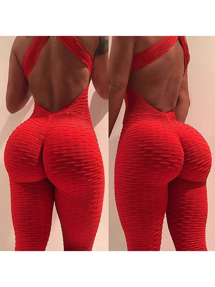 Women's Sports Suit Sleeveless Backless Jumpsuits Costume Quick Dry Gym Bodysuit Tracksuit Fitness Tights Scrunch Leggings