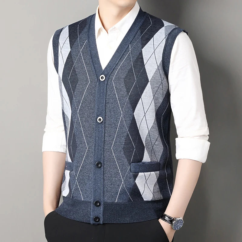 New Autumn Male Vest Sleeveless Sweater Fleece Cardigan Warm Knitted Checkered Business Casual Button Up Coat Men's Clothing