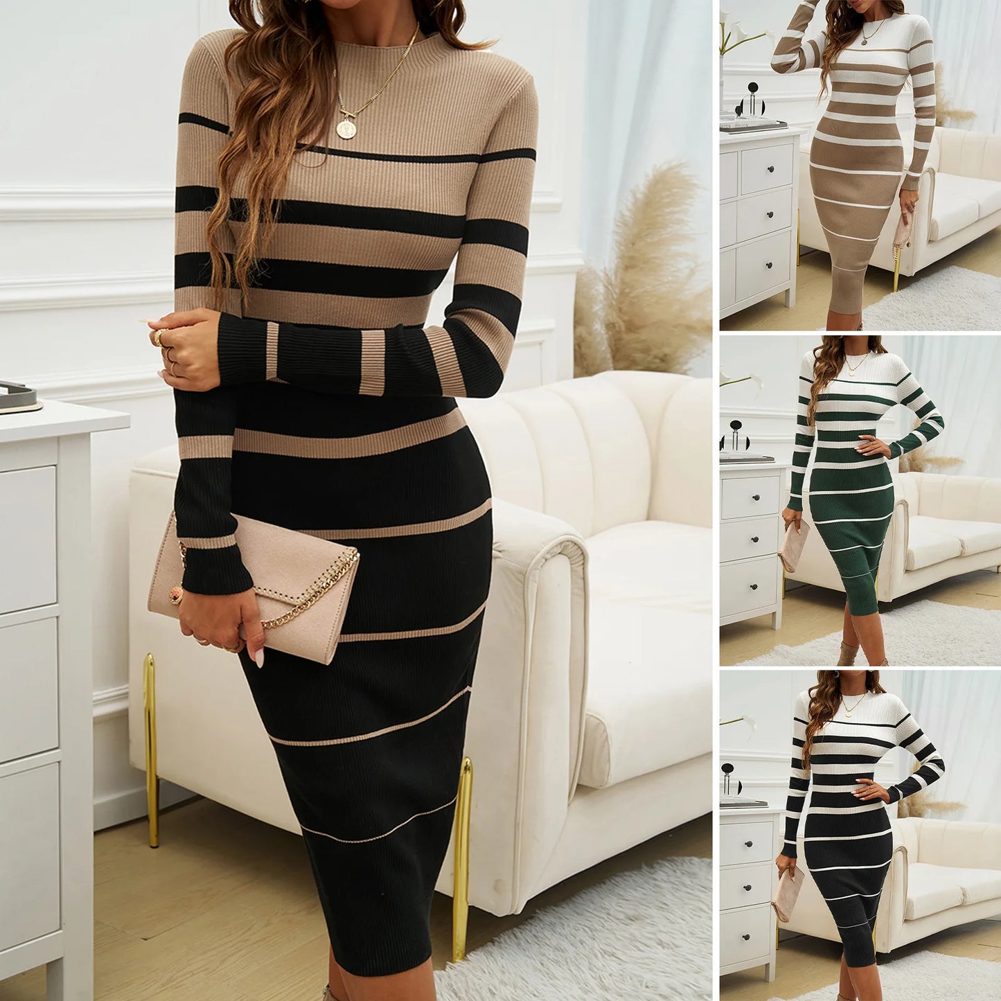 Autumn/winter women's fashionable and elegant commuting temperament slim fit color blocking long sleeved dress