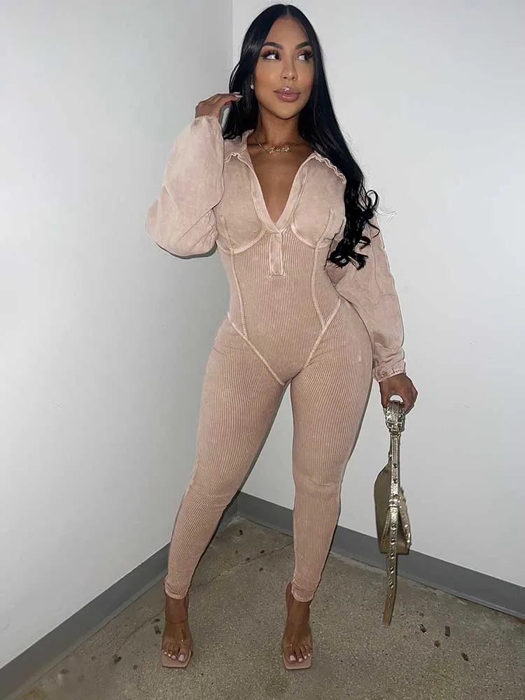 Fitness Jumpsuit Stretchy Sexi Women One Clothes Autumn Winter Knit Jumpsuits Ribbed Jumpsuit Long Sleeve Tight Fit Overalls