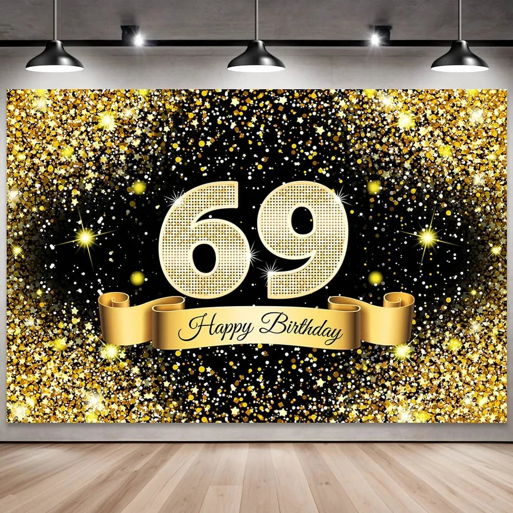 Golden black birthday party background, 18-40-50-60-year-old photography background, photo booth logo, poster background banner