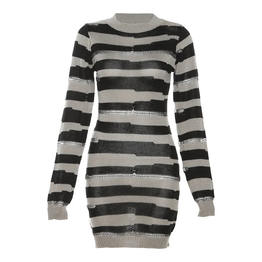 Weird Puss Knit Striped Dress Women Autumn Trend Ripped Long Sleeve o-Neck Sweater Bodycon Streetwear Stretch Sexy Thin Clothes