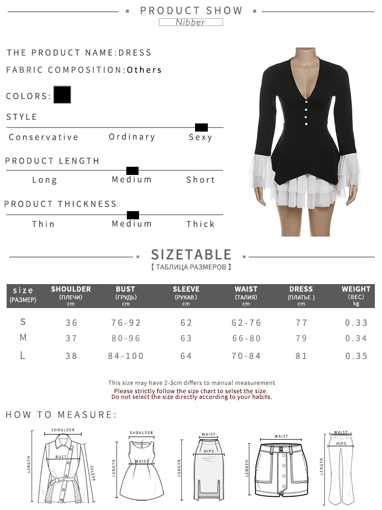 Nibber Black White Patchwork Dress Women Button V-Neck Tierred Flared Sleeve Chic Ruffles Stretch Birthday Party Mini Bodycon